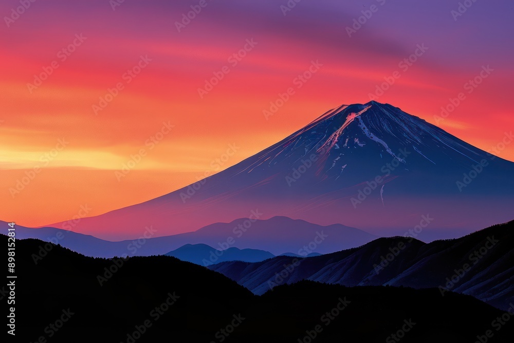 Mount Fuji Silhouetted Against a Vibrant Sunset Sky Mount Fuji Silhouetted Against a Vibrant Sunset Sky
