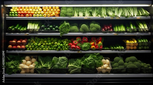 Fruits and vegetables in the refrigerated shelf of a supermarket