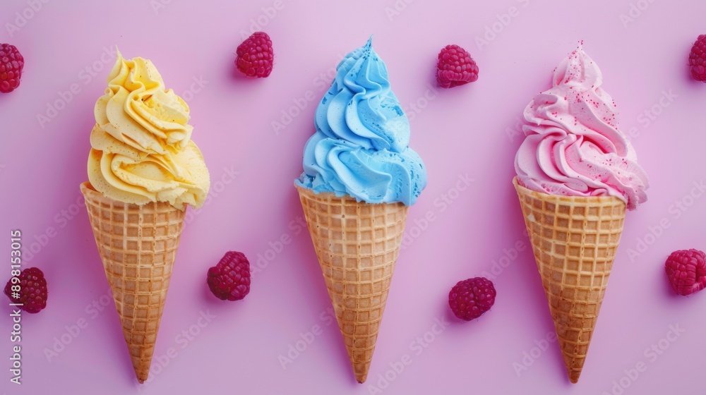Three Ice Cream Cones in Yellow, Blue, and Pink with Raspberries Three Ice Cream Cones in Yellow, Blue, and Pink with Raspberries