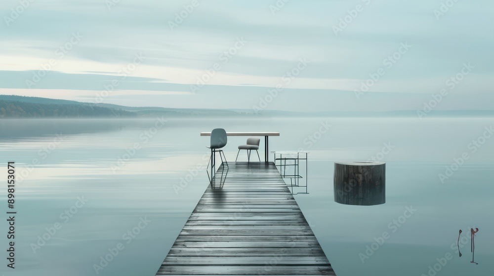 Fototapeta tranquil workspace on a dock extending into a lake, with a minimalist desk and chair set against the backdrop of calm waters and distant hills
