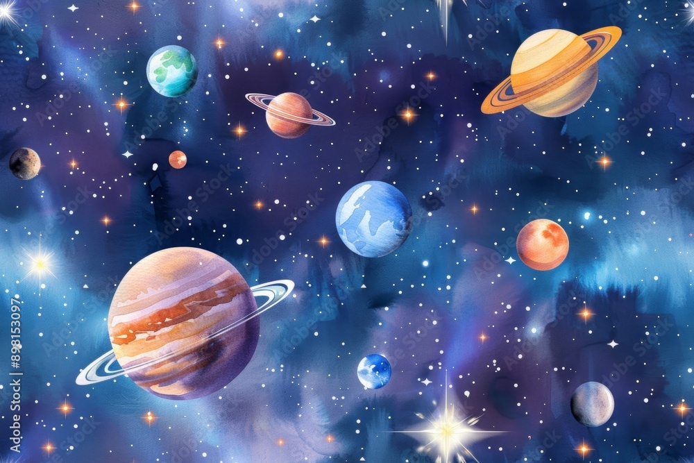 Naklejka premium A space theme featuring stars and planets in a seamless cosmic pattern rendered in watercolor style evokes the wonder of the universe.