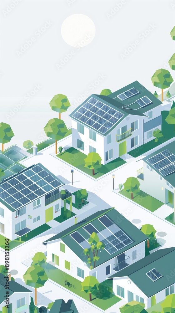 Aerial view of vibrant city with densely populated homes and solar panels. Green roofs add a natural element. White rooftops stand out against greenery. Gray clouds cover the sky. Aerial view of vibrant city with densely populated homes and solar panels. Green roofs add a natural element. White rooftops stand out against greenery. Gray clouds cover the sky.
