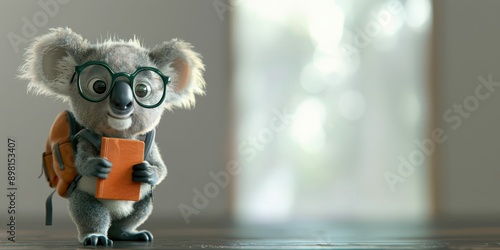 3D rendering koala wearing large glasses with book in arms and backpack on its back, copy space. concepts: school, back to school, education, marketing materials for schools or educational programs photo