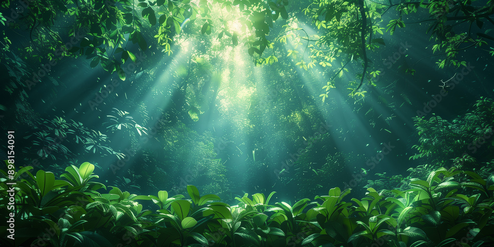 Fototapeta premium Forest background with sunshine. ECO concept picture. Generation, AI