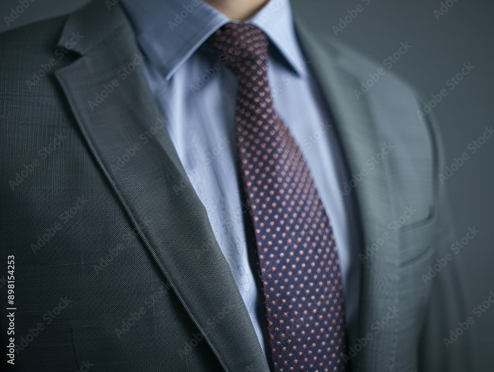A man's grey suit jacket with a blue shirt and a dark patterned tie A man's grey suit jacket with a blue shirt and a dark patterned tie