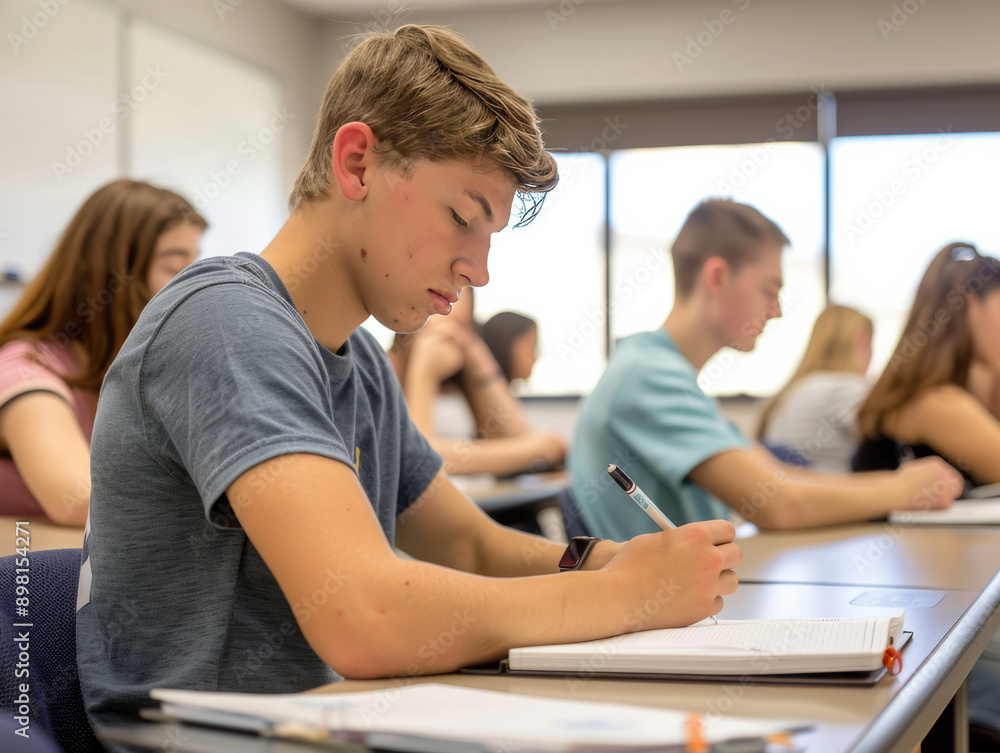 Fototapeta premium Teenage boy taking notes in a classroom