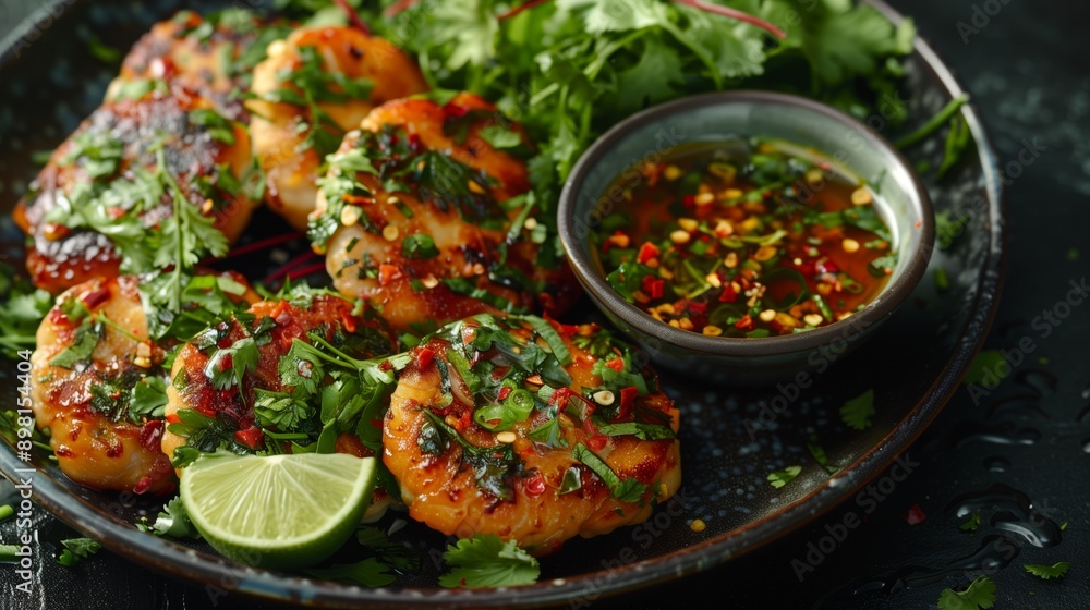 Asian style food photography of chicken and Thai fish cakes with lime, red chili oil and coriander on dark plate with small bowl filled by sauce Asian style food photography of chicken and Thai fish cakes with lime, red chili oil and coriander on dark plate with small bowl filled by sauce