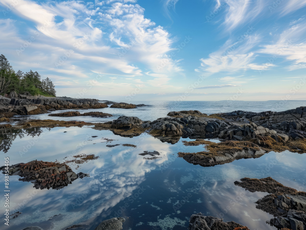 Rocky shoreline with calm, clear water reflecting the sky and clouds Rocky shoreline with calm, clear water reflecting the sky and clouds