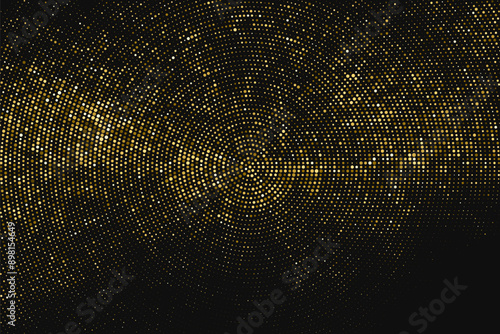 Gold Glitter Halftone Dotted Backdrop. Abstract Circular Retro Pattern. Pop Art Style Background. Golden Explosion Of Confetti. Digitally Generated Image. Vector Illustration, Eps 10.  