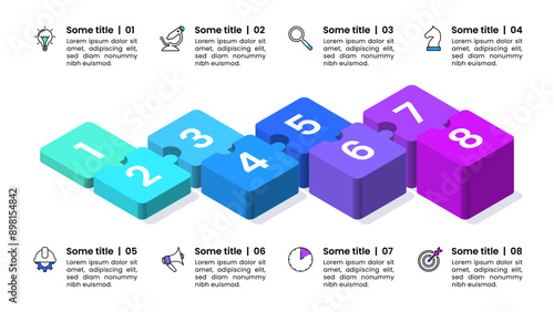 Infographic template. 8 isometric puzzle pieces with numbers