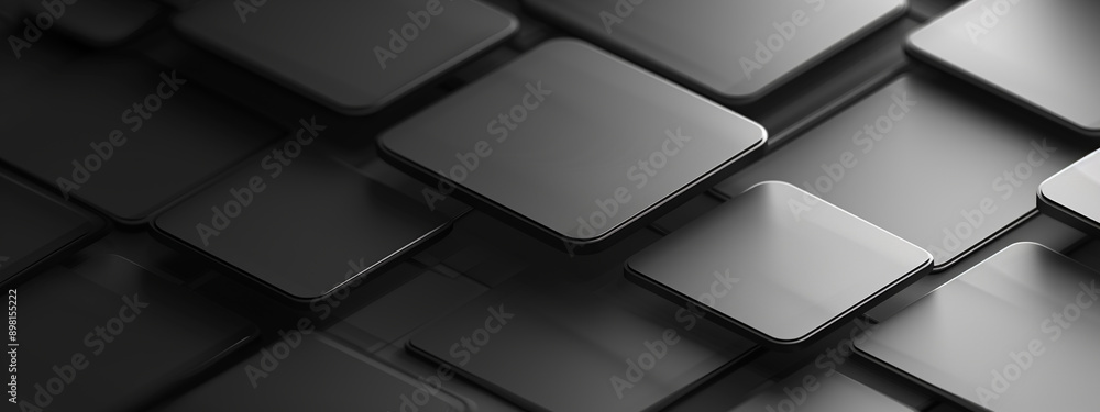 Fototapeta premium Dark squares abstract 3d black background. abstract 3d texture black square pattern background, grunge surface. Black color square pattern on banner with shadow. 