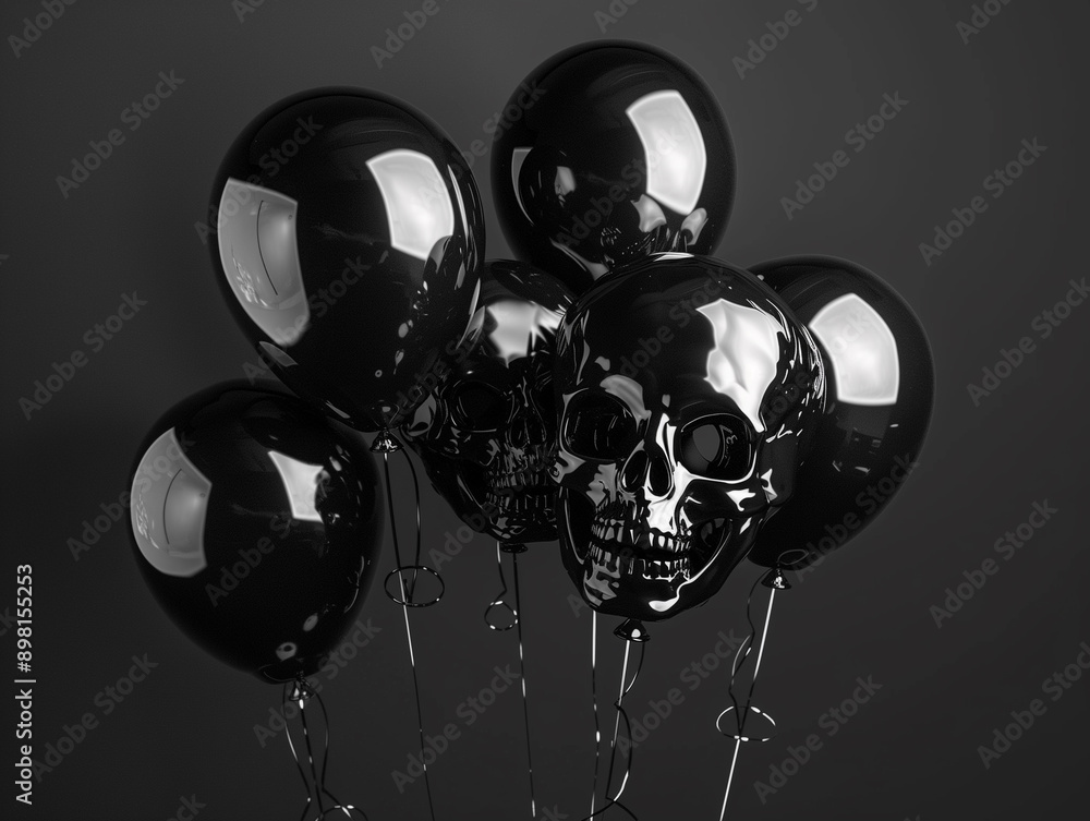 Fototapeta premium Balloons in the shape of a human skull on a dark background