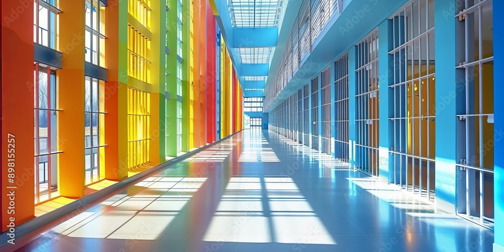 Bright modern prison hallway with bars and enhanced security features. Concept Prison Architecture, Enhanced Security Features, Modern Design, Bright Color Palette Bright modern prison hallway with bars and enhanced security features. Concept Prison Architecture, Enhanced Security Features, Modern Design, Bright Color Palette