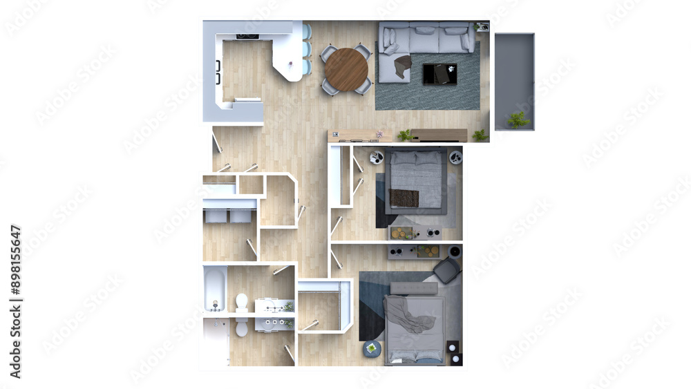 3d floor plan rendering for Two bedroom ,kitchen, living , and Bathroom. 3d floor plan rendering for Two bedroom ,kitchen, living , and Bathroom.