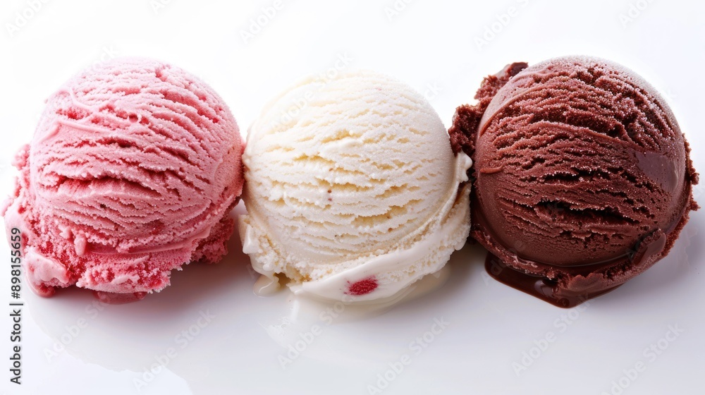 Three scoops of ice cream in pink white and chocolate flavors on a white background Three scoops of ice cream in pink white and chocolate flavors on a white background