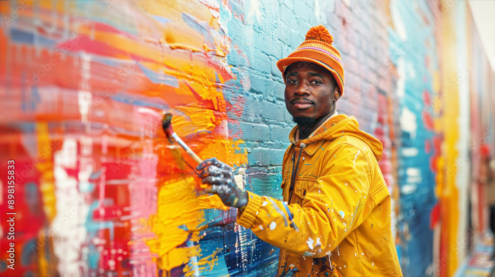 A man paints a vibrant mural on a brick wall in the city A man paints a vibrant mural on a brick wall in the city