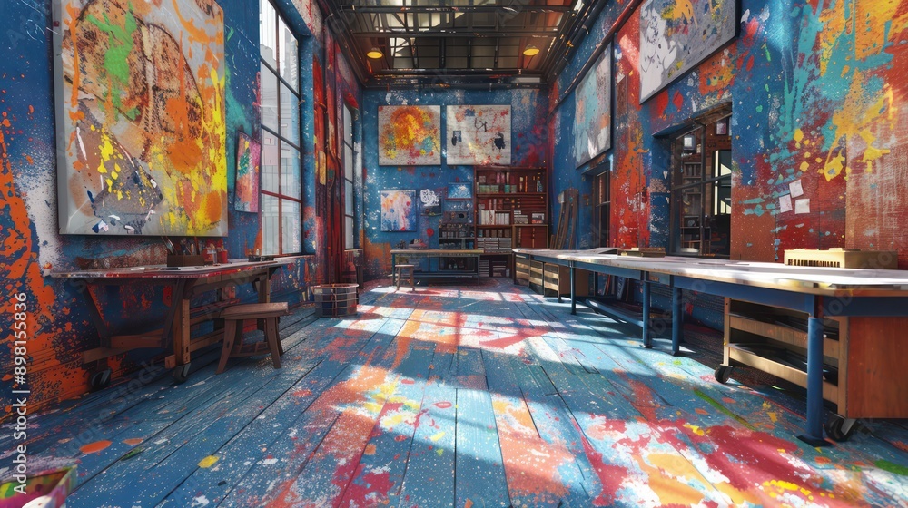 Obraz premium vibrant artist's studio with paint-splattered walls and floors, a large worktable, and bright natural light