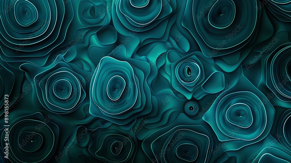 Teal concentric shapes forming a floral pattern on abstract background Teal concentric shapes forming a floral pattern on abstract background