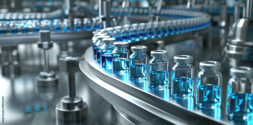 Glass Vials Filled With Blue Liquid Move Along a Conveyor Belt in a Factory Setting Glass Vials Filled With Blue Liquid Move Along a Conveyor Belt in a Factory Setting