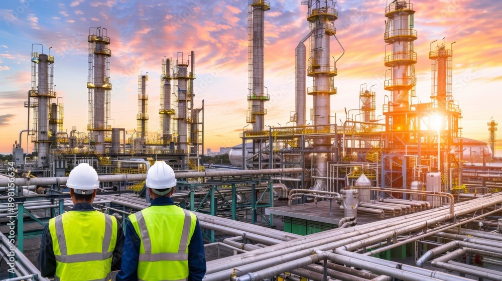 Two engineers contemplating sunset over oil and gas refinery plant Two engineers contemplating sunset over oil and gas refinery plant