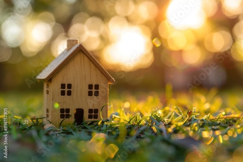 Wallpaper Mural A wooden house model on the grass bokeh background of a green meadow with blurred park. Torontodigital.ca