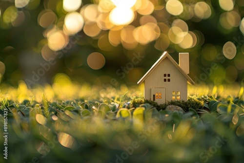 Wallpaper Mural A wooden house model on the grass bokeh background of a green meadow with blurred park. Torontodigital.ca
