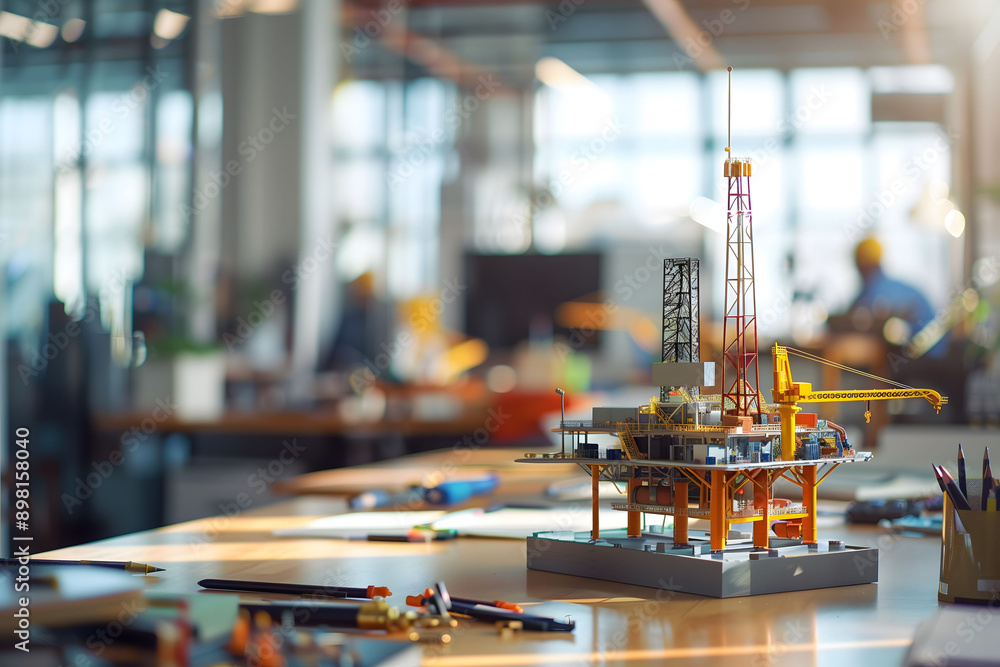 Oil rig model placed on engineer's work desk inside office, focus on model, copy space Oil rig model placed on engineer's work desk inside office, focus on model, copy space
