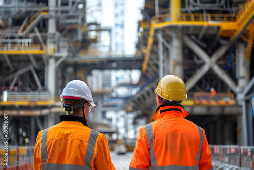 Two engineers inspect large structure, copy space