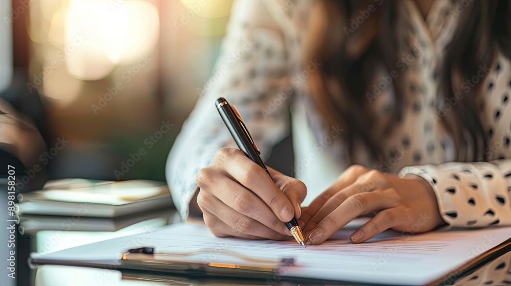 Close-up of businesswoman writing on document at table in office Close-up of businesswoman writing on document at table in office