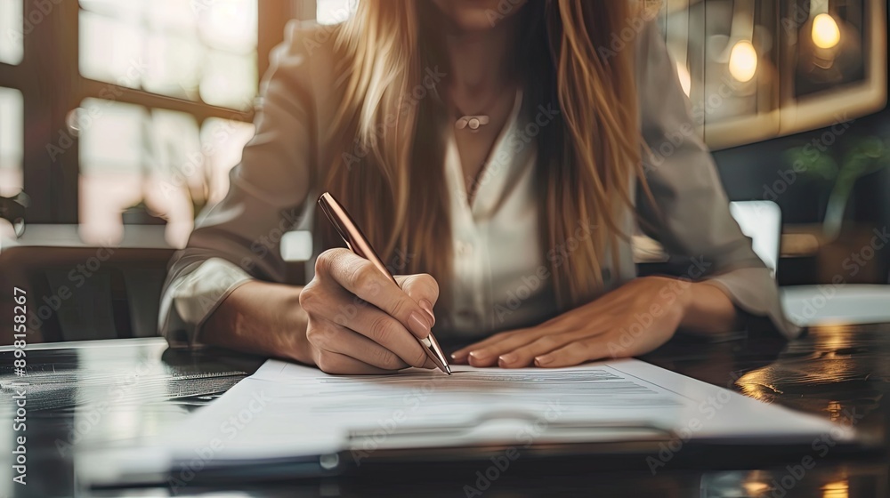 Close-up of businesswoman writing on document at table in office Close-up of businesswoman writing on document at table in office