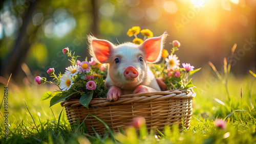 Adorable little piglet with curly tail and pink ears snuggles up in a basket filled with fresh flowers and greenery on a sunny day.