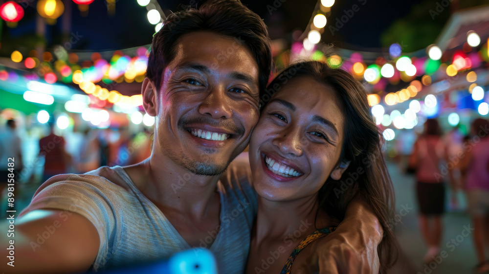 A happy couple takes a selfie at a night market, surrounded by colorful lights and a festive atmosphere, highlighting healthy nightlife and social activities. A happy couple takes a selfie at a night market, surrounded by colorful lights and a festive atmosphere, highlighting healthy nightlife and social activities.