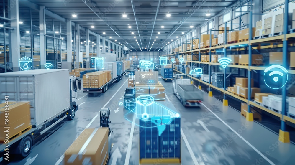 smart logistics center where managers use GPS and IoT sensors to track deliveries and optimize supply chain operations