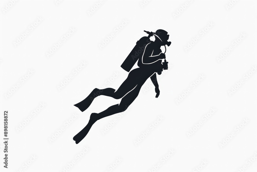 This image features a scuba diver's silhouette as they swim through the water, equipped with scuba tanks. The minimalist black and white design emphasizes the theme of underwater adventure and freedo This image features a scuba diver's silhouette as they swim through the water, equipped with scuba tanks. The minimalist black and white design emphasizes the theme of underwater adventure and freedo