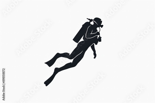 This image features a scuba diver's silhouette as they swim through the water, equipped with scuba tanks. The minimalist black and white design emphasizes the theme of underwater adventure and freedo photo