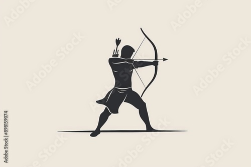 Silhouette of a vintage archer dressed in traditional attire, standing strong with a bow drawn, symbolizing power, heritage, and skill in vintage style. photo