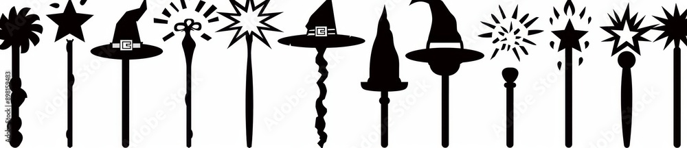 Symbols of magic and miracles. Magic wand with star and wizard tool. Wizard stick for apps and web sites. Symbols of magic and miracles. Magic wand with star and wizard tool. Wizard stick for apps and web sites.