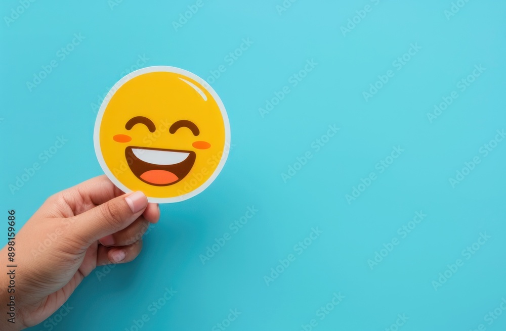 Person holding up an icon smile face. Person holding up an icon smile face.