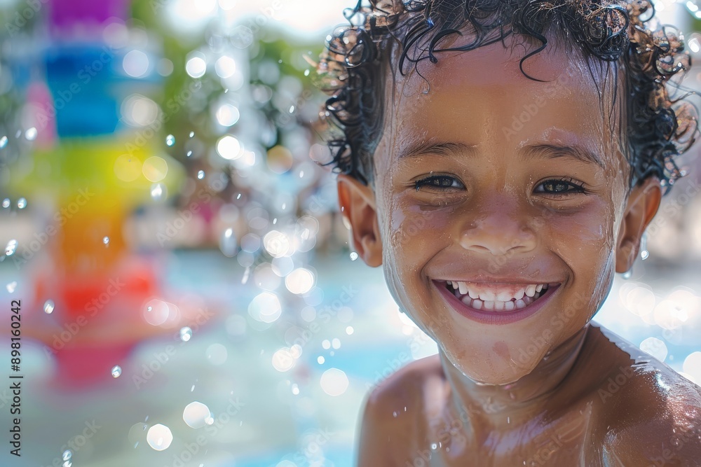A smiling boy is pictured at a water park, joyfully splashing and engaging in playful water activities, capturing the essence of fun, excitement, and carefree summer days. A smiling boy is pictured at a water park, joyfully splashing and engaging in playful water activities, capturing the essence of fun, excitement, and carefree summer days.