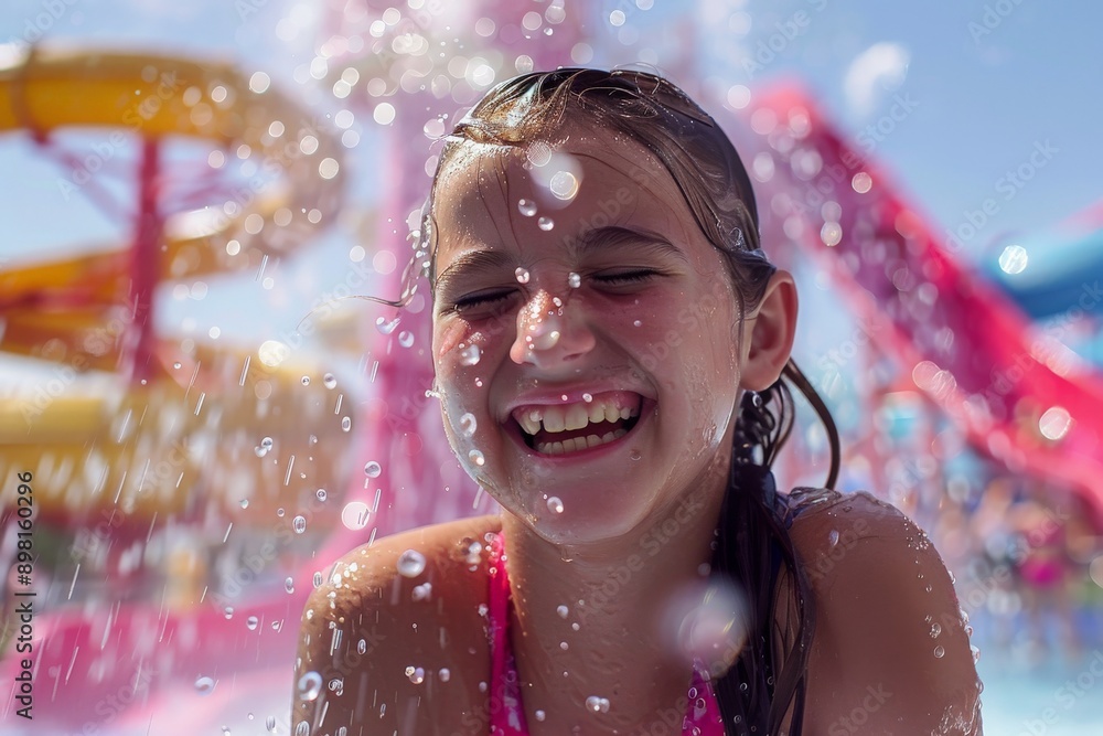 A laughing girl enjoys the water spray at a colorful water park, embodying the pure joy and excitement of playful water interactions on a sunny, lively day. A laughing girl enjoys the water spray at a colorful water park, embodying the pure joy and excitement of playful water interactions on a sunny, lively day.