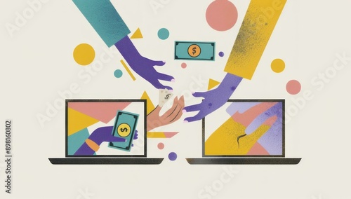 A flat illustration of two hands holding money and handing over to each other. photo