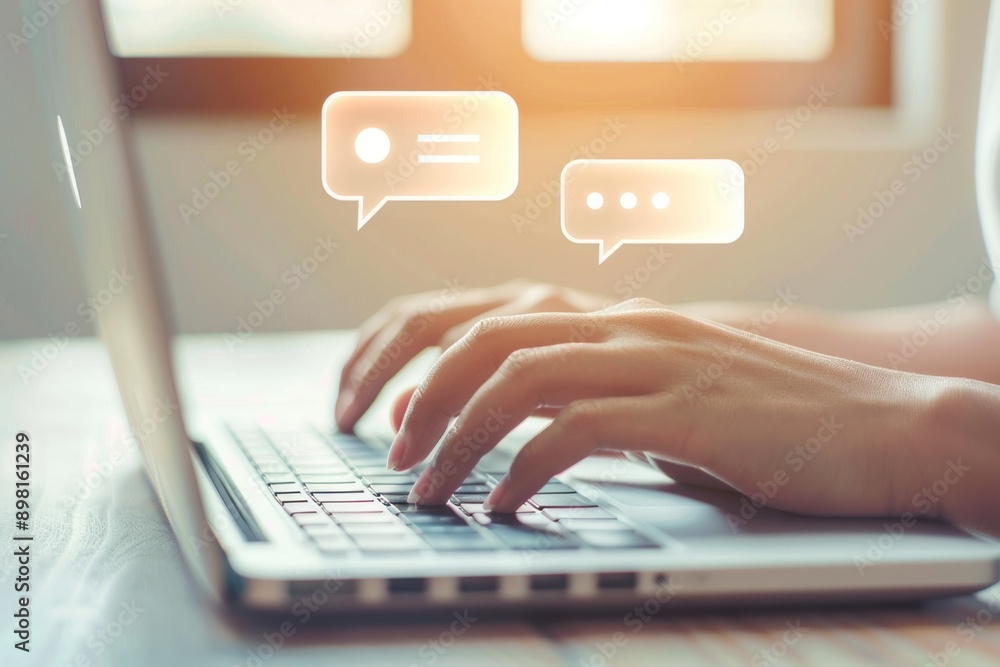Person typing on their laptop with two speech bubbles above the keyboard indicating an online conversation. Person typing on their laptop with two speech bubbles above the keyboard indicating an online conversation.