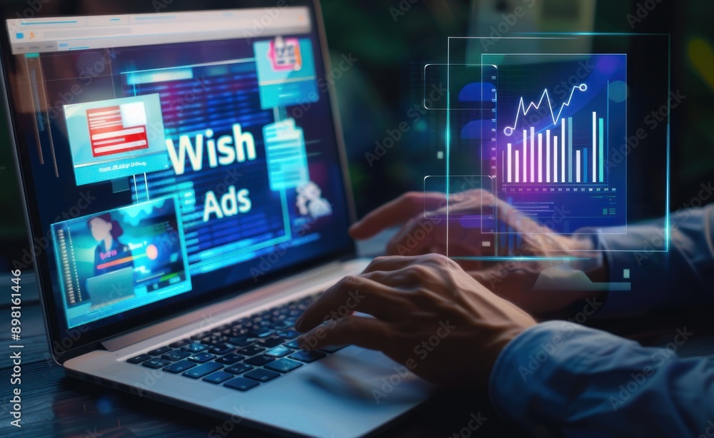 Fototapeta premium Businessman using a laptop with digital marketing data and an AI advertising.