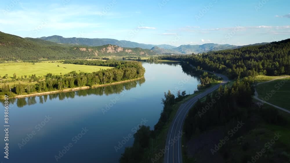 Highway And River Nature Scenery Near Kamloops In Canada. Aerial Drone Shot Highway And River Nature Scenery Near Kamloops In Canada. Aerial Drone Shot
