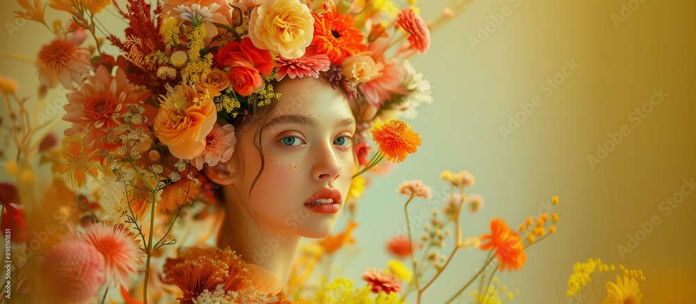 Ethereal Woman with Blue Eyes and Floral Crown in Vibrant Orange and Yellow Blossoms Amidst Dreamy Golden Light
