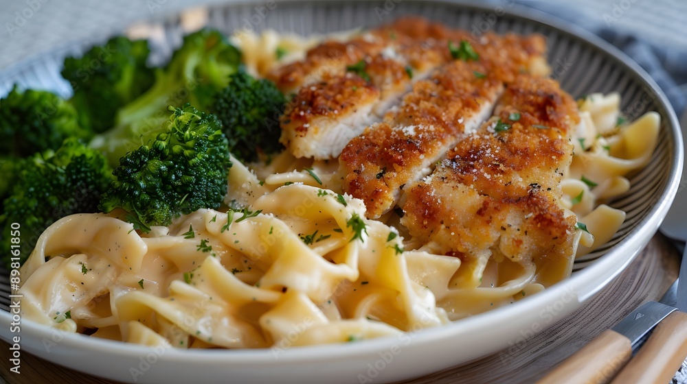 Cream schnitzel Rahmschnitzel with egg noodles and broccoli Cream schnitzel Rahmschnitzel with egg noodles and broccoli