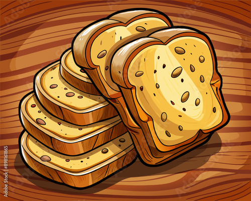 loaf of sliced bread illustration Vector loaf of sliced bread, wooden brown background, hand drawn cartoon