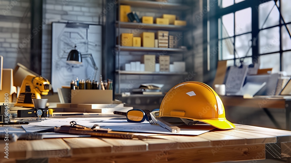 Engineer Desk with Helmet and Tools in Sunlit Office Engineer Desk with Helmet and Tools in Sunlit Office