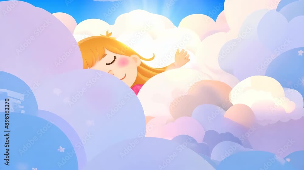 Animated Girl Floating On Clouds In Blue Sky Animated Girl Floating On Clouds In Blue Sky