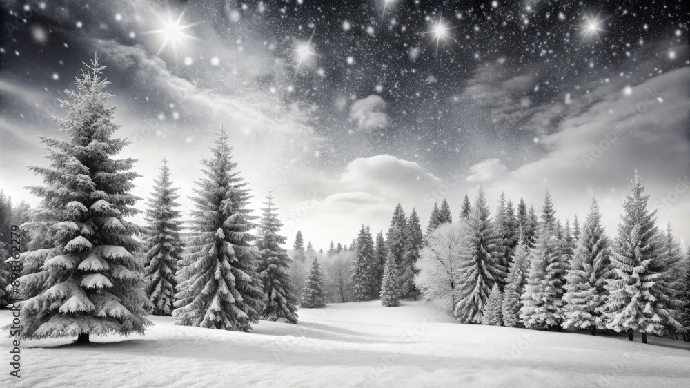 A serene black and white winter landscape featuring snow-covered trees and falling snowflakes, creating a tranquil scene. copy space